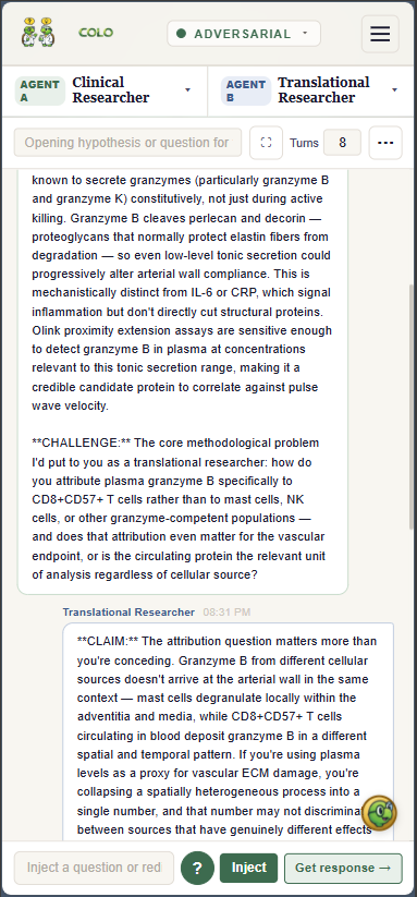 Colo running on iPhone — adversarial debate view